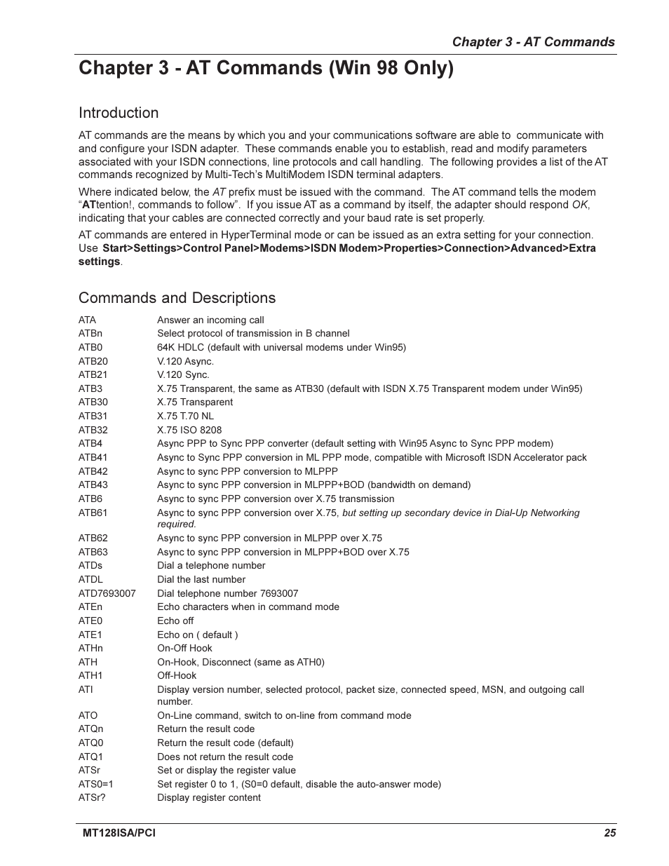 Chapter 3 - at commands, Introduction, Commands and descriptions | Chapter 3 - at commands (win 98 only) | Multi-Tech Systems MT128ISA-UV User Manual | Page 25 / 42