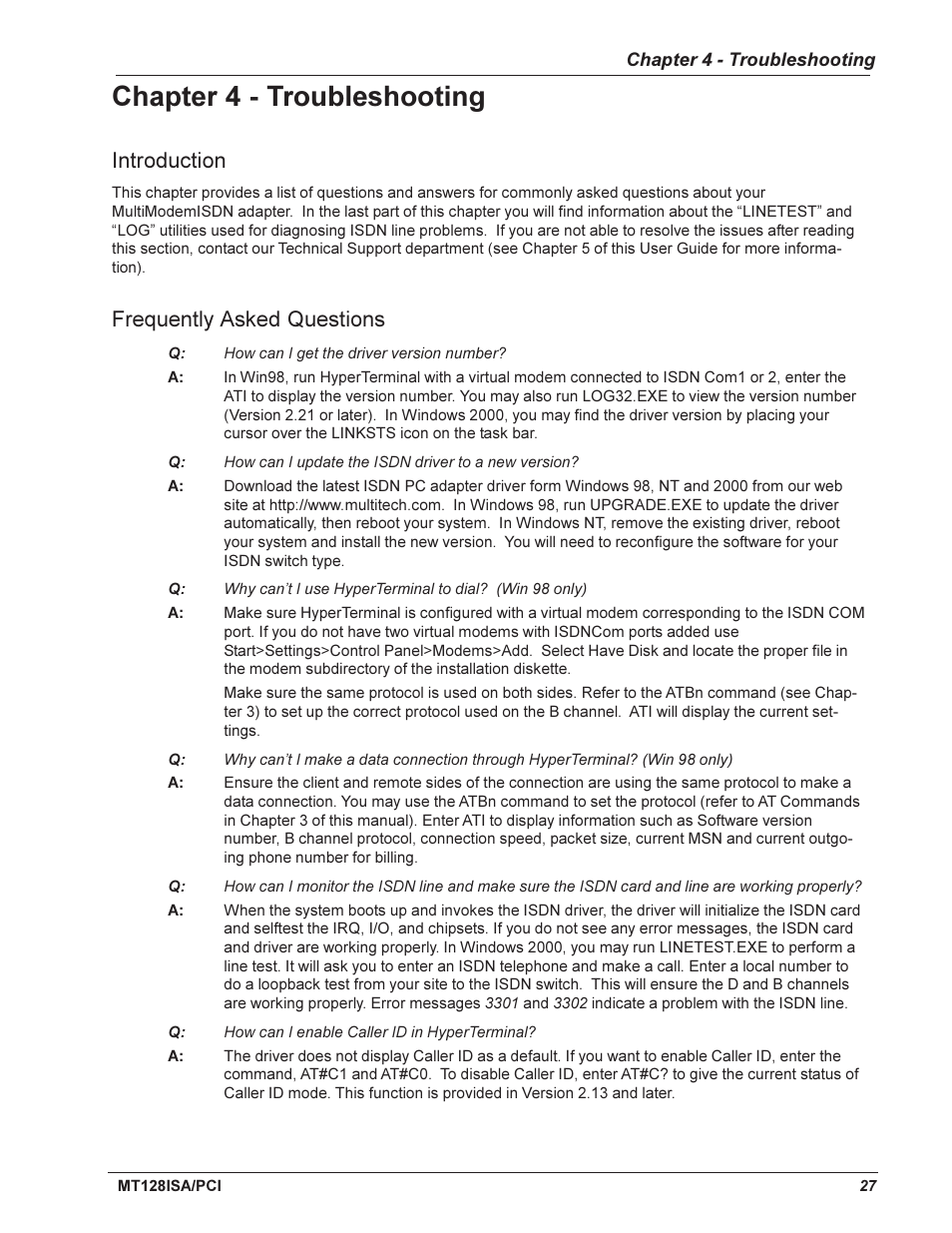 Frequently asked questions, Chapter 4 - troubleshooting, Introduction | Multi-Tech Systems MT128ISA-UV User Manual | Page 27 / 42