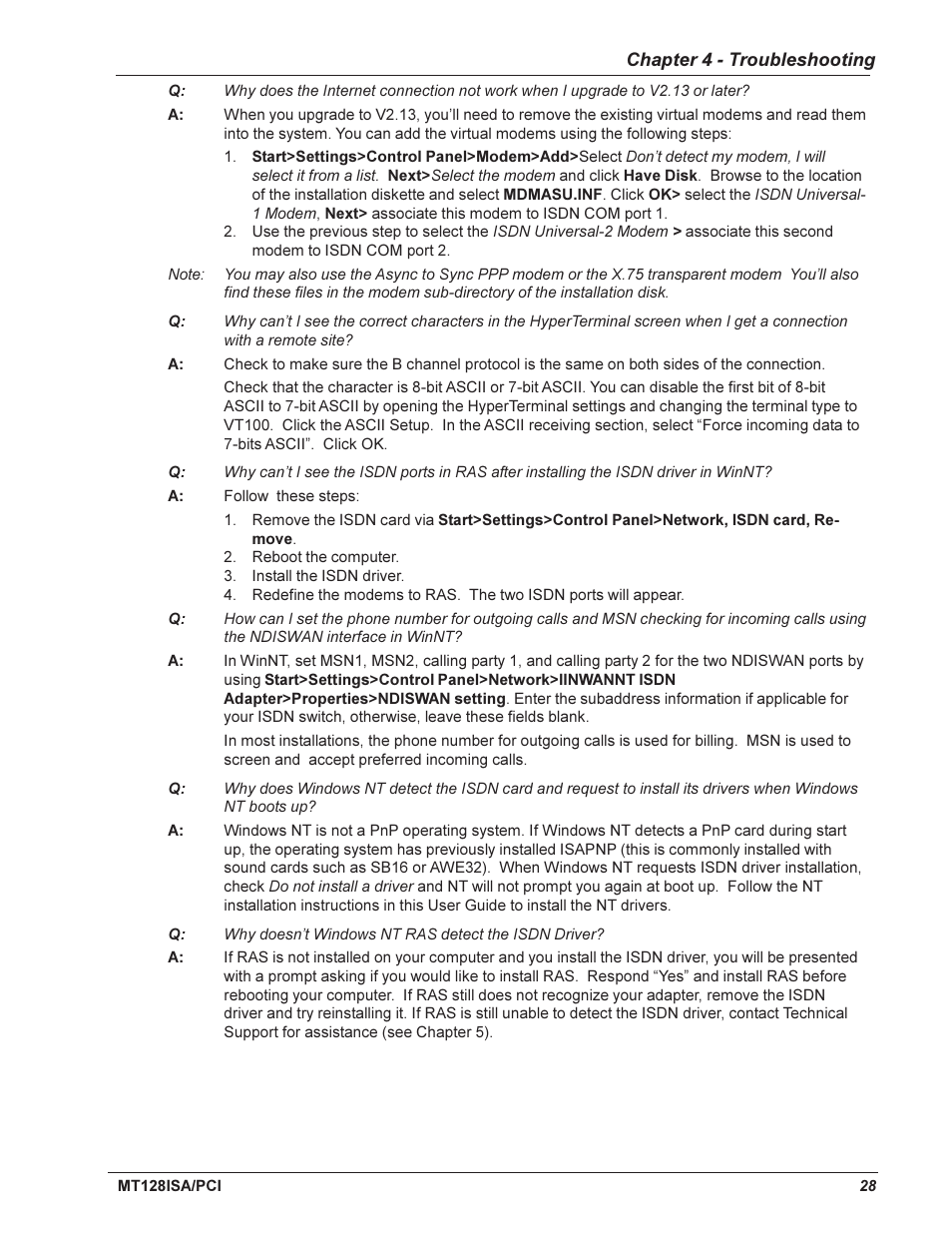 Chapter 4 - troubleshooting, Introduction, Frequently asked questions | Multi-Tech Systems MT128ISA-UV User Manual | Page 28 / 42