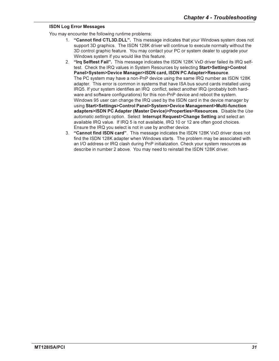 Isdn log, Isdn log error messages | Multi-Tech Systems MT128ISA-UV User Manual | Page 31 / 42