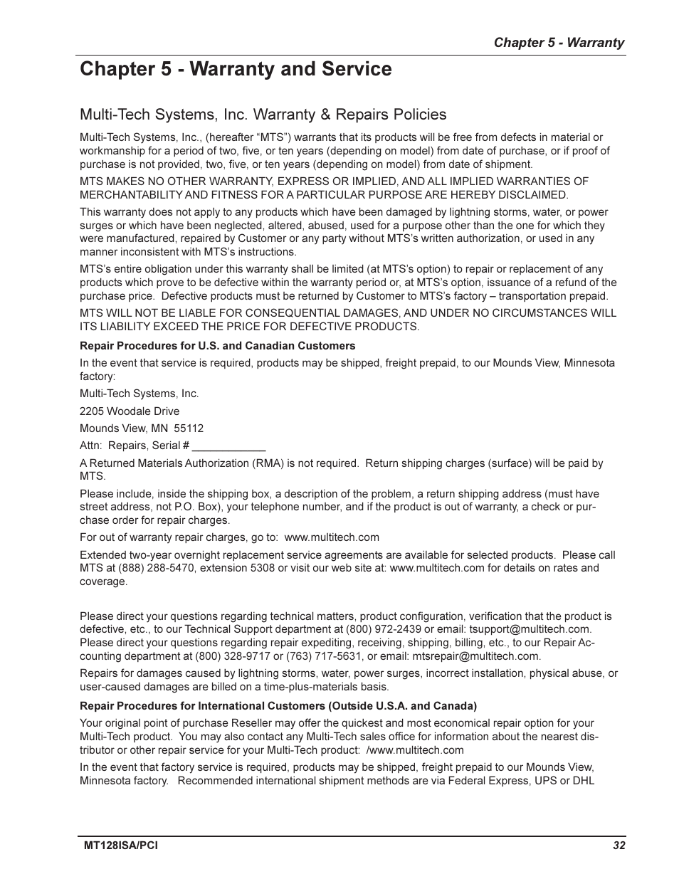 Isdn log error messages, Chapter 5 - warranty and service, Repair procedures for u.s. and canadian customers | Multi-Tech Systems MT128ISA-UV User Manual | Page 32 / 42
