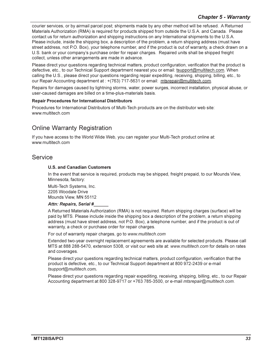 Chapter 5 - warranty and service, Repair procedures for u.s. and canadian customers, Repair procedures for international distributors | Online warranty registration, Service, U.s. and canadian customers | Multi-Tech Systems MT128ISA-UV User Manual | Page 33 / 42