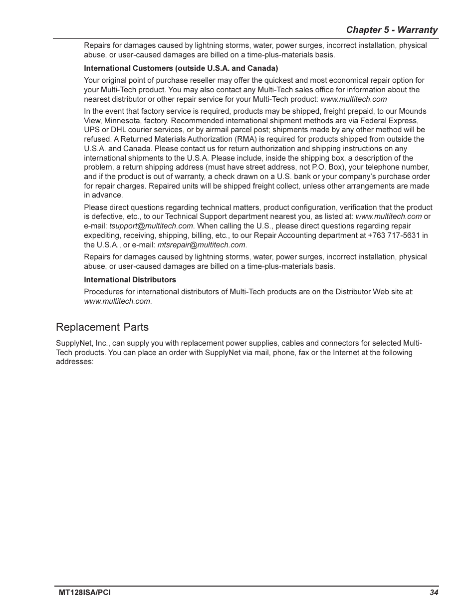 Repair procedures for international distributors, Online warranty registration, International distributors | Replacement parts | Multi-Tech Systems MT128ISA-UV User Manual | Page 34 / 42