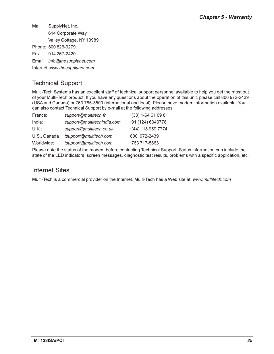 Service, U.s. and canadian customers, International distributors | Technical support, Internet sites | Multi-Tech Systems MT128ISA-UV User Manual | Page 35 / 42