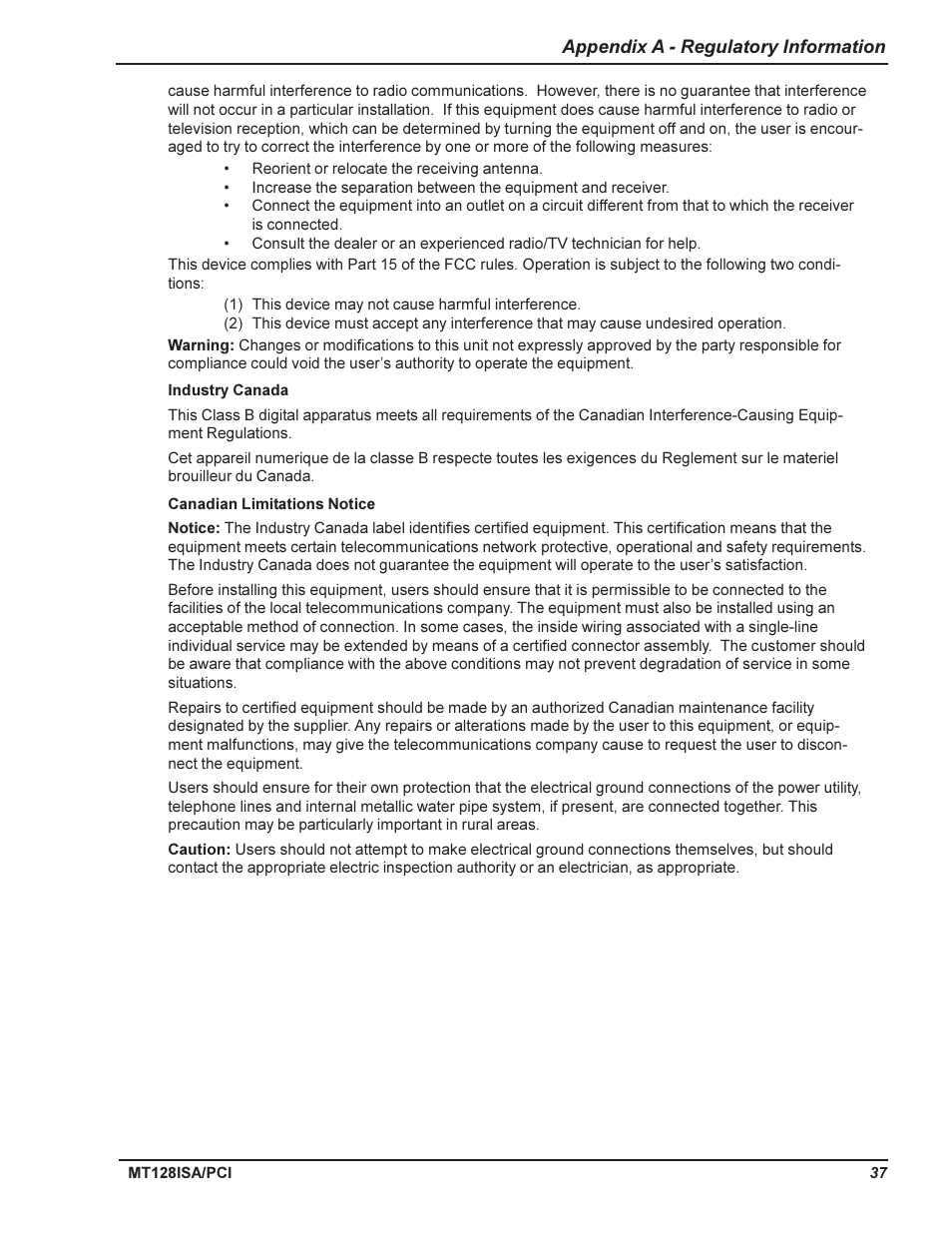 Appendix a - regulatory agency information, Fcc part 68 telecom digital, Industry canada | Multi-Tech Systems MT128ISA-UV User Manual | Page 37 / 42