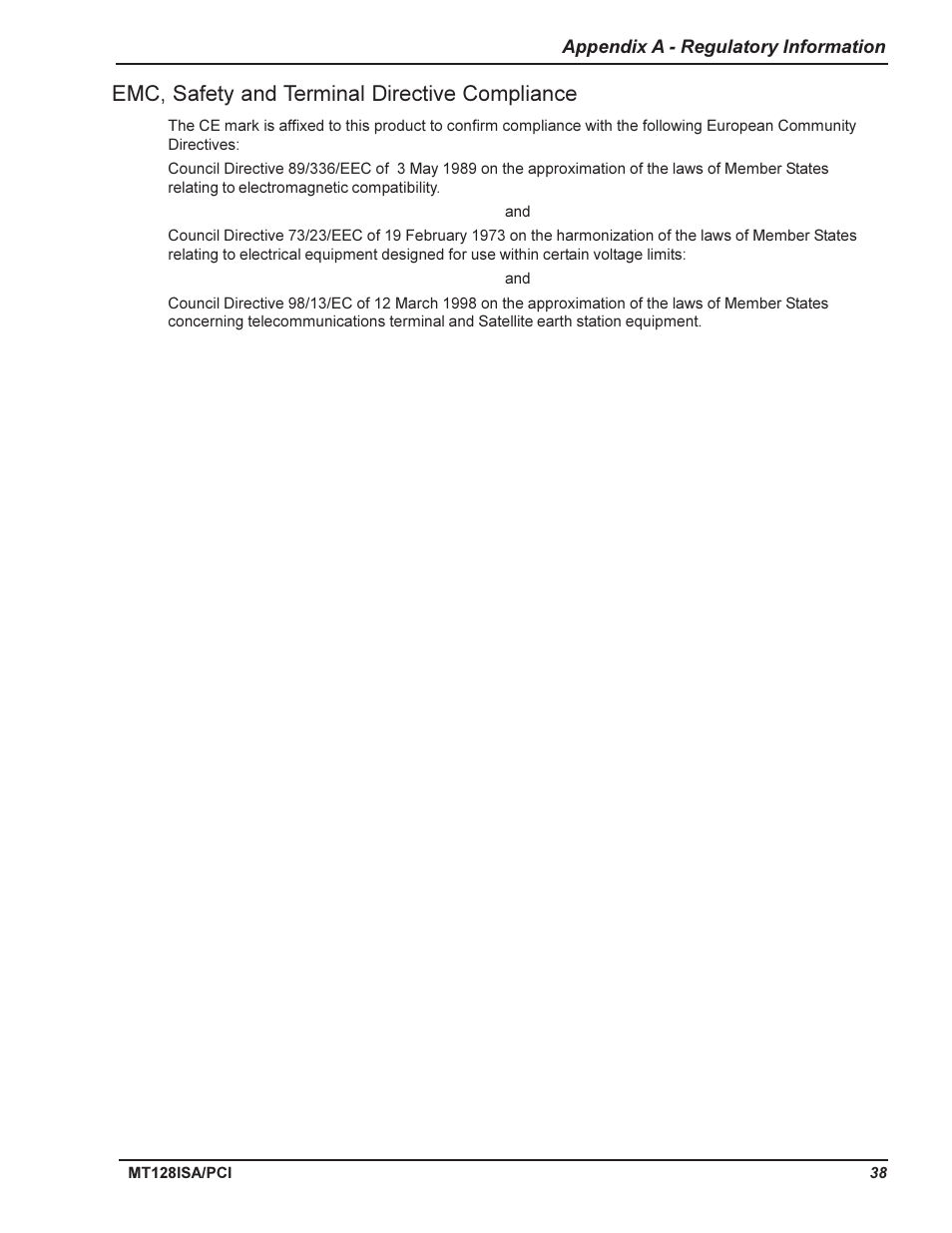 Class b statement, Fcc part 15, Industry canada | Canadian limitations notice 38, Canadian limitations notice, Emc, safety and terminal directive compliance | Multi-Tech Systems MT128ISA-UV User Manual | Page 38 / 42