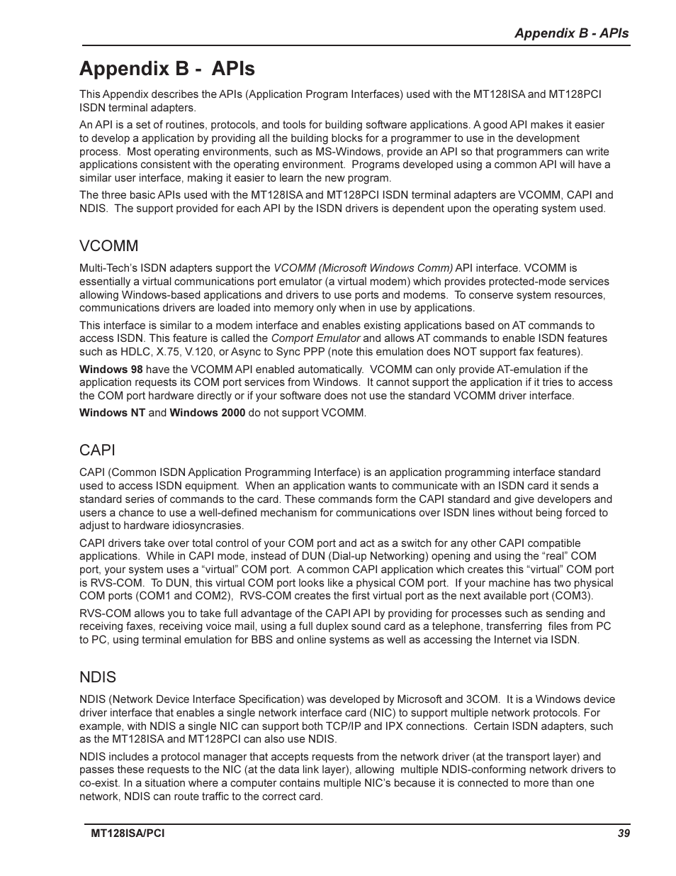 Emc, safety and terminal directive compliance, Appendix b - apis, Vcomm | Capi, Ndis | Multi-Tech Systems MT128ISA-UV User Manual | Page 39 / 42