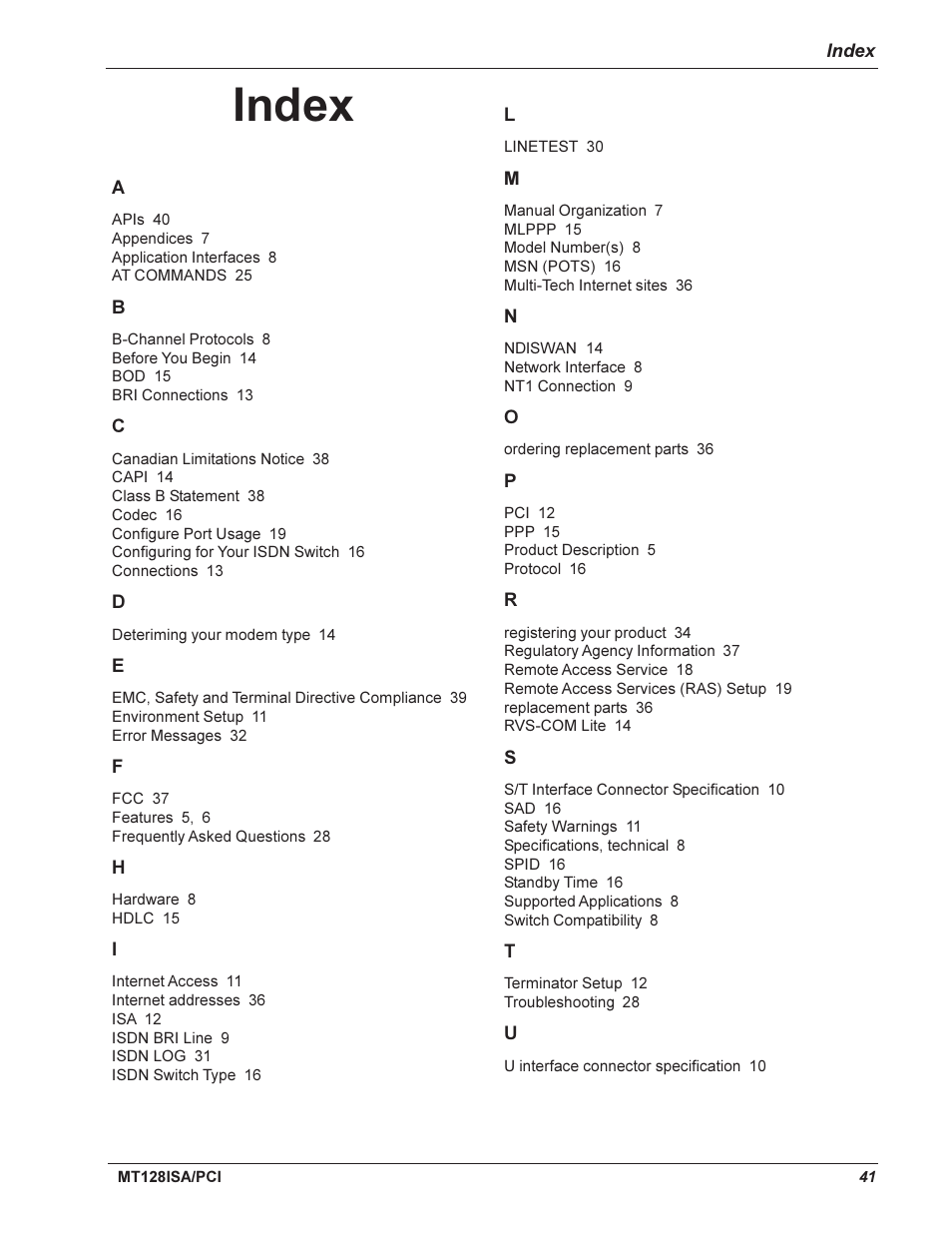 Index | Multi-Tech Systems MT128ISA-UV User Manual | Page 41 / 42