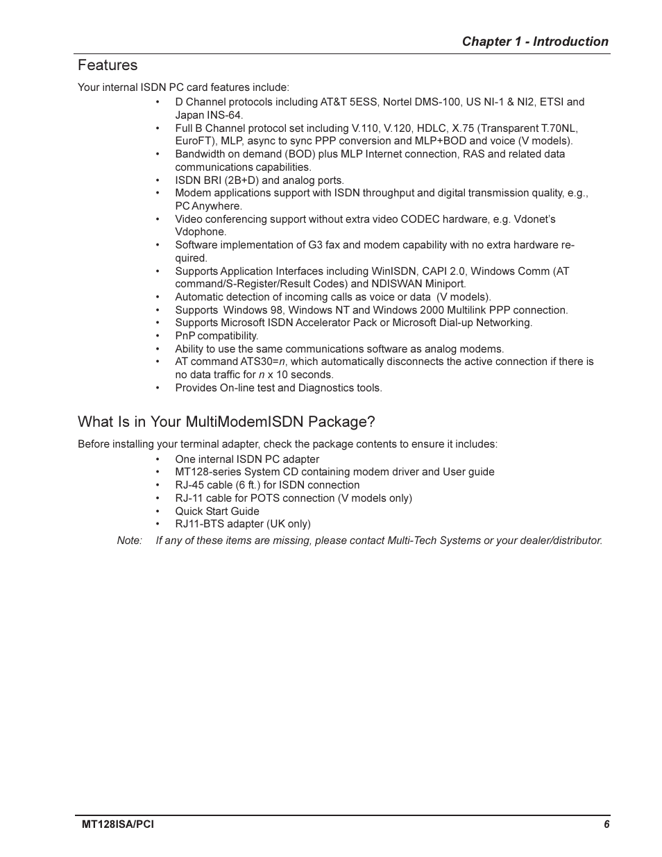 Features, What is in your multimodemisdn package | Multi-Tech Systems MT128ISA-UV User Manual | Page 6 / 42