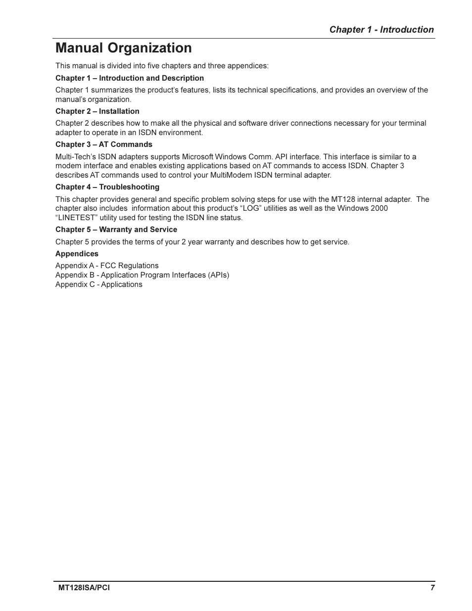 Manual organization | Multi-Tech Systems MT128ISA-UV User Manual | Page 7 / 42