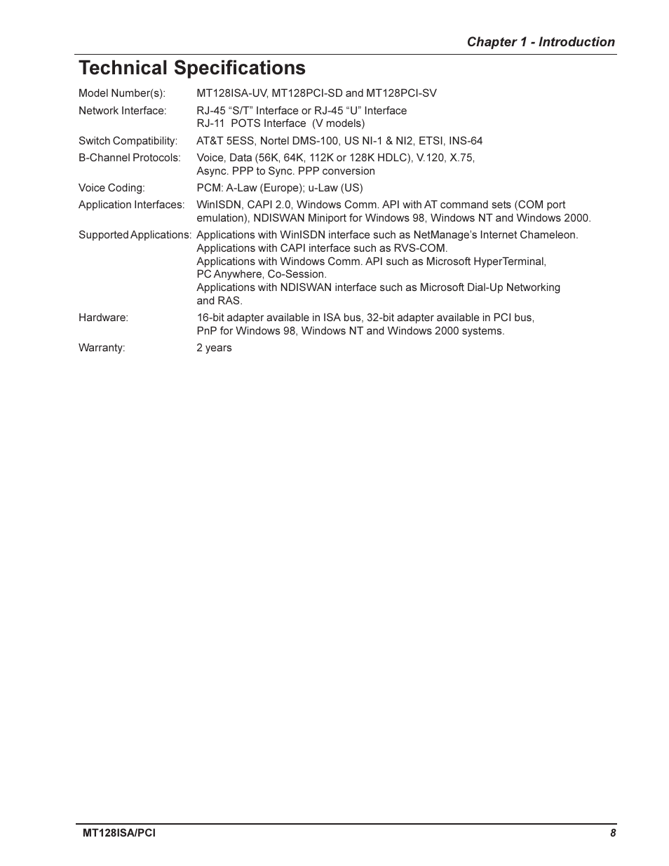 Technical specifications | Multi-Tech Systems MT128ISA-UV User Manual | Page 8 / 42