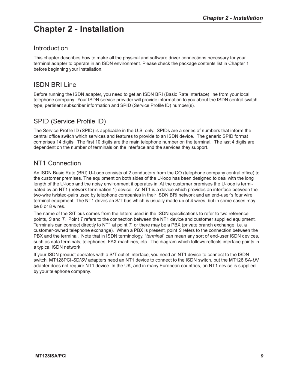 Chapter 2 - installation, Introduction, Isdn bri line | Spid (service profile id), Nt1 connection | Multi-Tech Systems MT128ISA-UV User Manual | Page 9 / 42