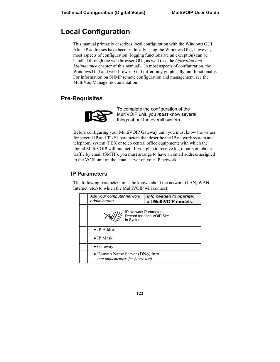 Local configuration, Pre-requisites, Ip parameters | Ocal, Onfiguration | Multi-Tech Systems MULTIVOIP MVP-2410 User Manual | Page 122 / 605