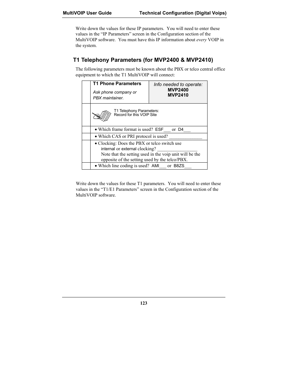 T1 telephony parameters (for mvp2400 & mvp2410) | Multi-Tech Systems MULTIVOIP MVP-2410 User Manual | Page 123 / 605