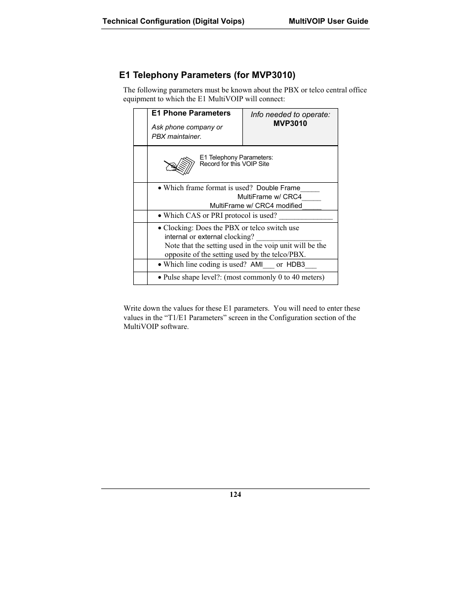 E1 telephony parameters (for mvp3010) | Multi-Tech Systems MULTIVOIP MVP-2410 User Manual | Page 124 / 605