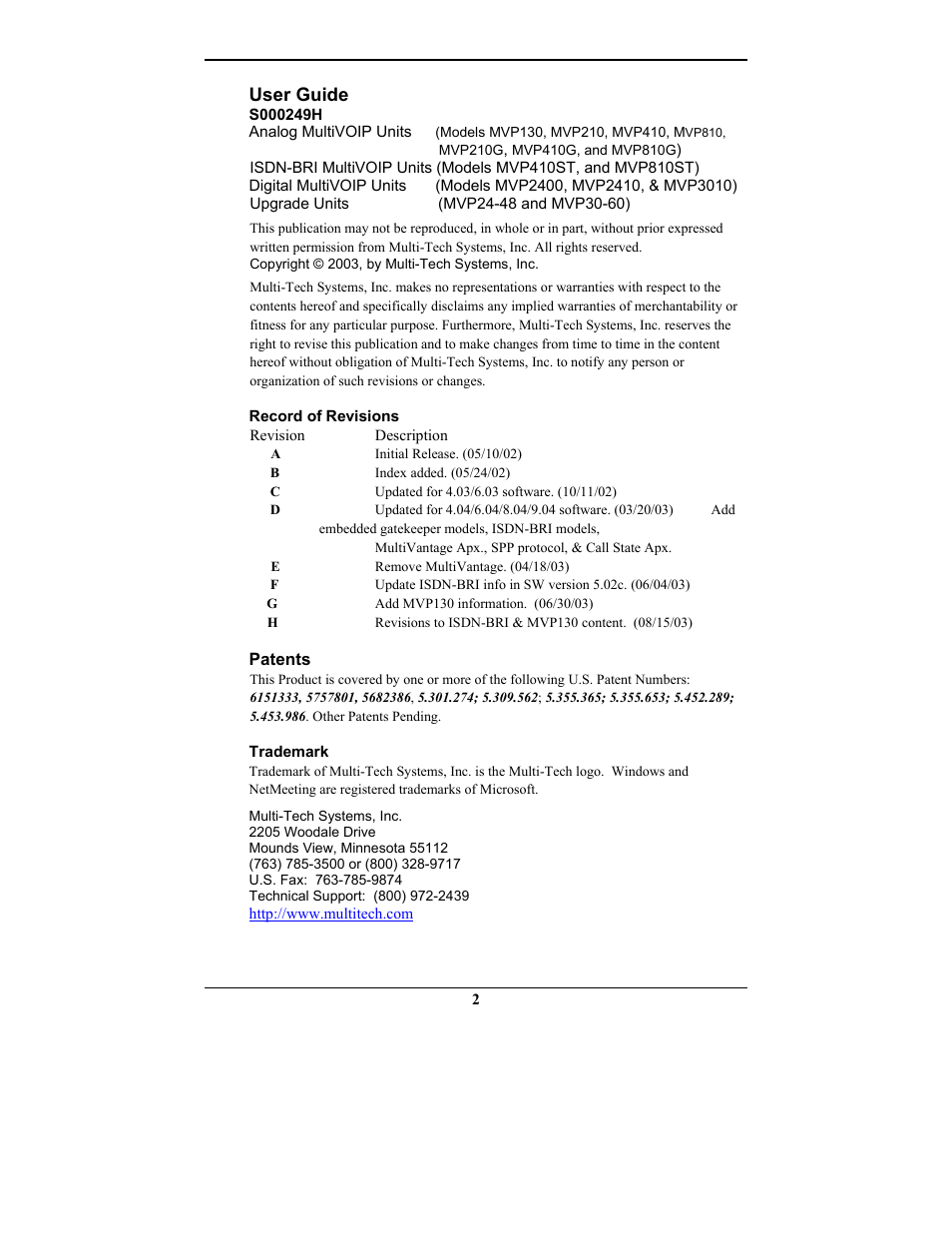 User guide | Multi-Tech Systems MULTIVOIP MVP-2410 User Manual | Page 2 / 605