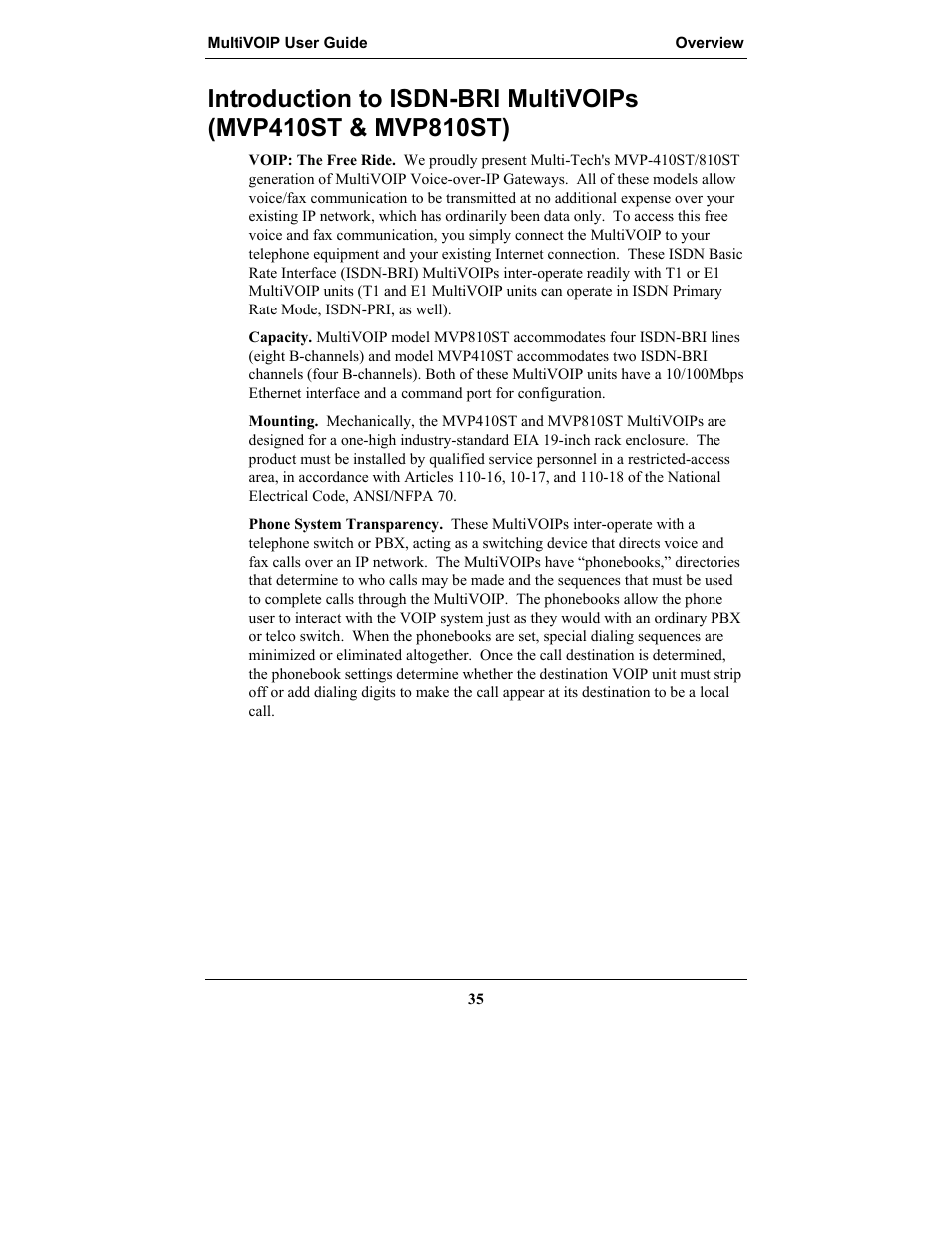 Ntroduction to, Isdn-bri m, Ulti | Voip, Mvp410st & mvp810st) | Multi-Tech Systems MULTIVOIP MVP-2410 User Manual | Page 35 / 605