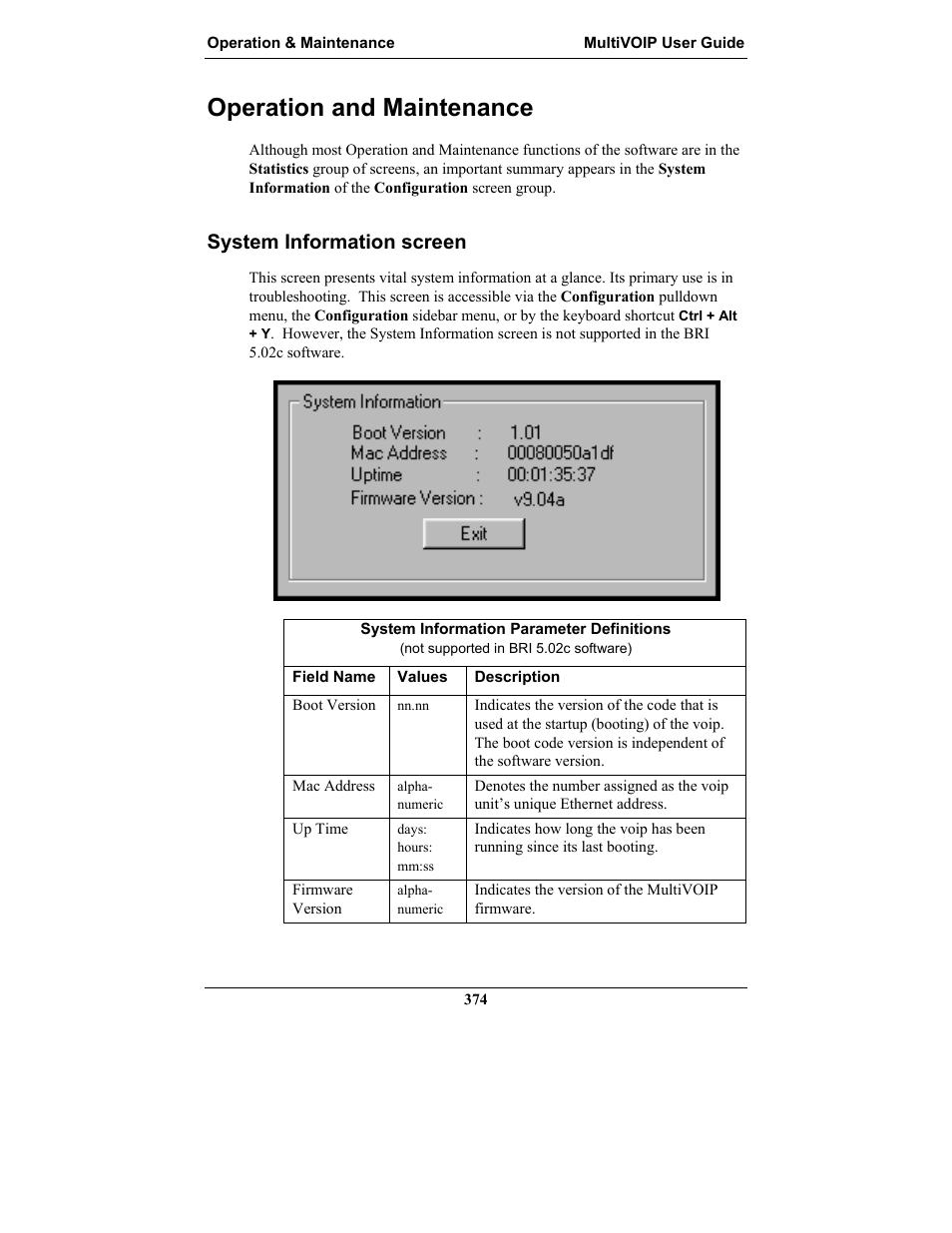 Operation and maintenance, System information screen, Peration and | Aintenance | Multi-Tech Systems MULTIVOIP MVP-2410 User Manual | Page 374 / 605
