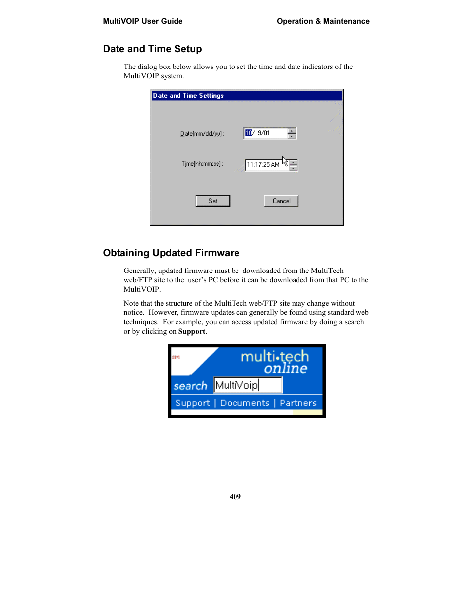 Date and time setup, Obtaining updated firmware, Date and time setup obtaining updated firmware | Multi-Tech Systems MULTIVOIP MVP-2410 User Manual | Page 409 / 605