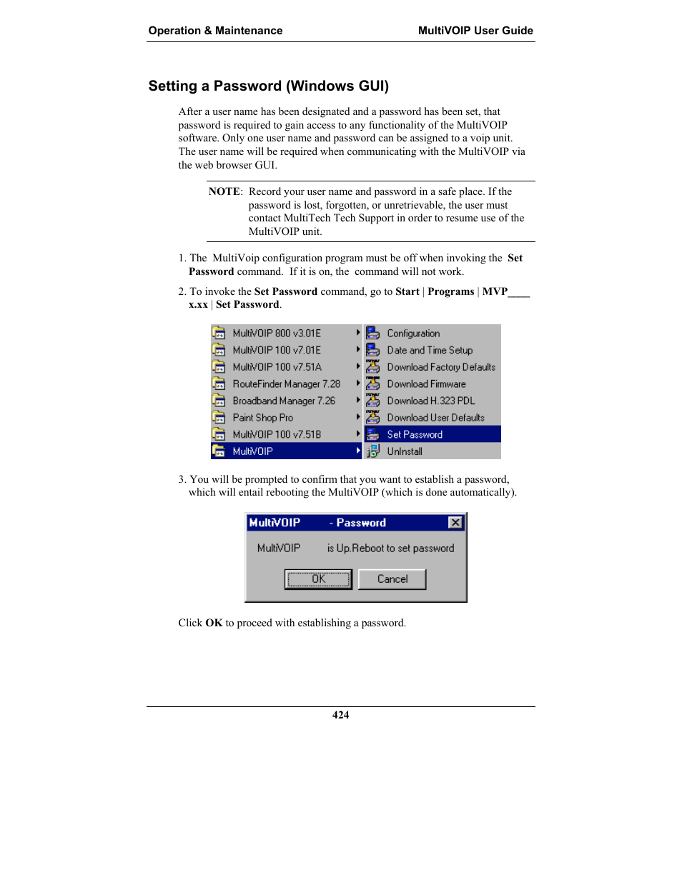 Setting a password (windows gui) | Multi-Tech Systems MULTIVOIP MVP-2410 User Manual | Page 424 / 605