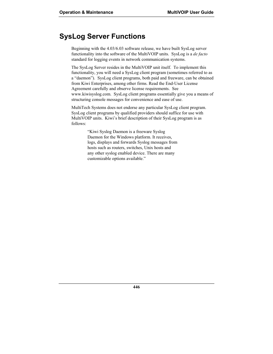 Syslog server functions, Erver, Unctions | Multi-Tech Systems MULTIVOIP MVP-2410 User Manual | Page 446 / 605