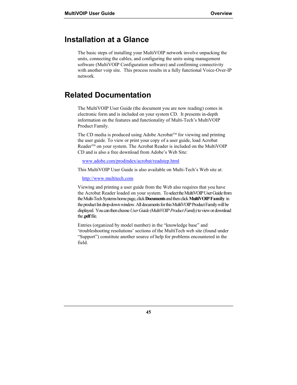 Installation at a glance, Related documentation, Nstallation at a | Lance, Elated, Ocumentation | Multi-Tech Systems MULTIVOIP MVP-2410 User Manual | Page 45 / 605