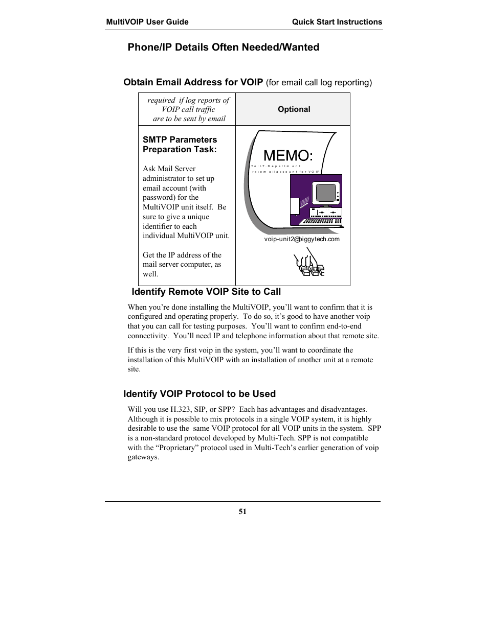 Identify remote voip site to call, Identify voip protocol to be used, Phone/ip details often needed/wanted | Obtain email address for voip | Multi-Tech Systems MULTIVOIP MVP-2410 User Manual | Page 51 / 605