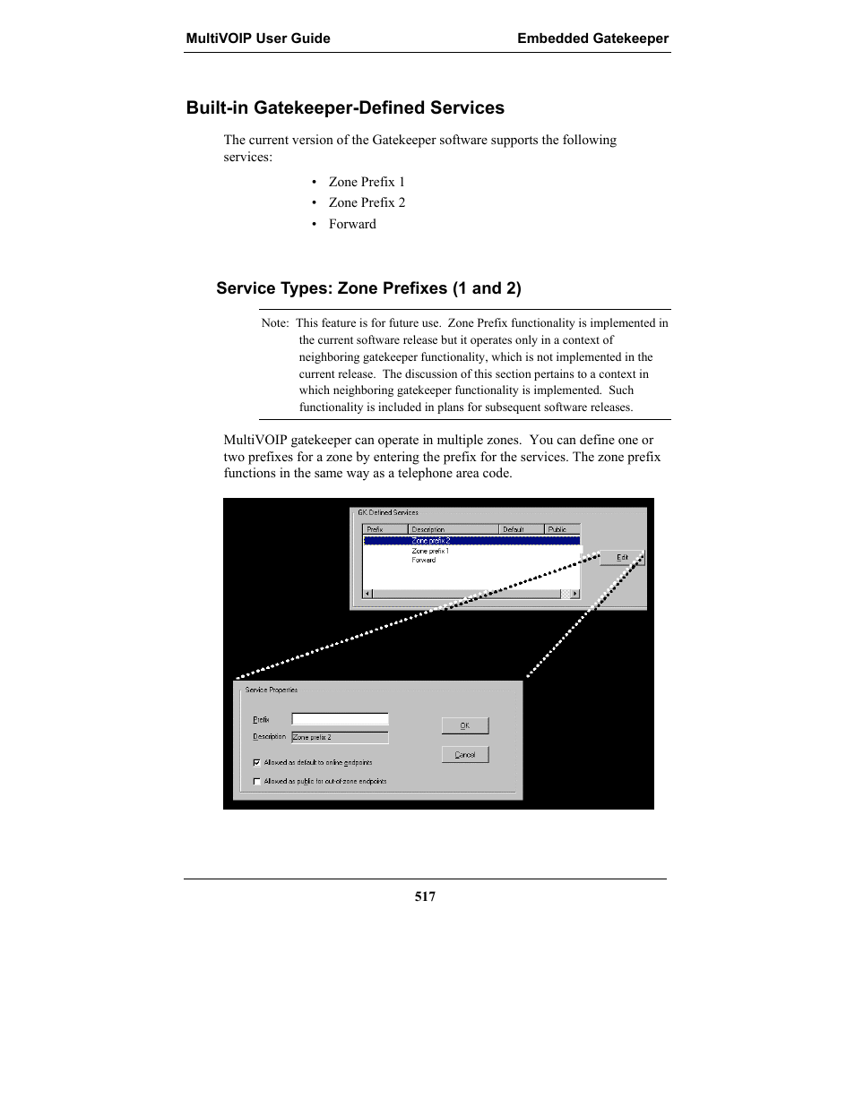 Built-in gatekeeper-defined services, Service types: zone prefixes (1 and 2) | Multi-Tech Systems MULTIVOIP MVP-2410 User Manual | Page 517 / 605