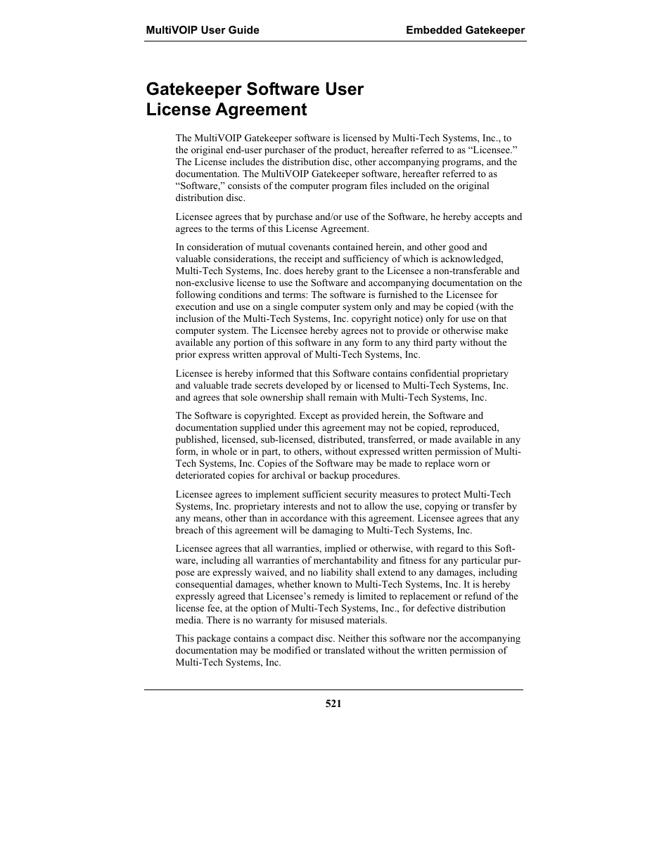 Gatekeeper software user license agreement, Atekeeper, Oftware | Icense, Greement | Multi-Tech Systems MULTIVOIP MVP-2410 User Manual | Page 521 / 605