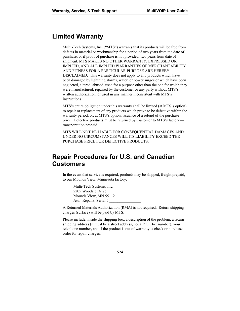 Limited warranty, Repair procedures for u.s. and canadian customers, Imited | Arranty, Epair, Rocedures for, Anadian, Ustomers | Multi-Tech Systems MULTIVOIP MVP-2410 User Manual | Page 524 / 605