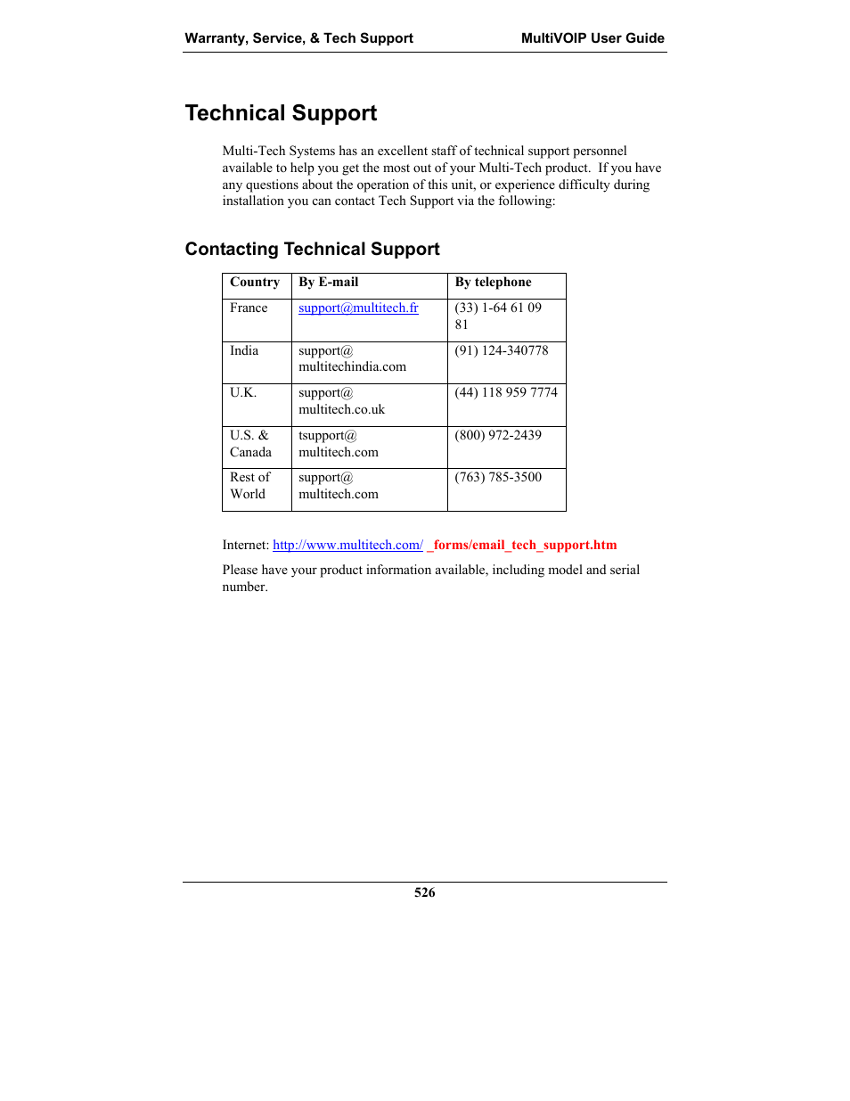 Technical support, Contacting technical support, Echnical | Upport | Multi-Tech Systems MULTIVOIP MVP-2410 User Manual | Page 526 / 605