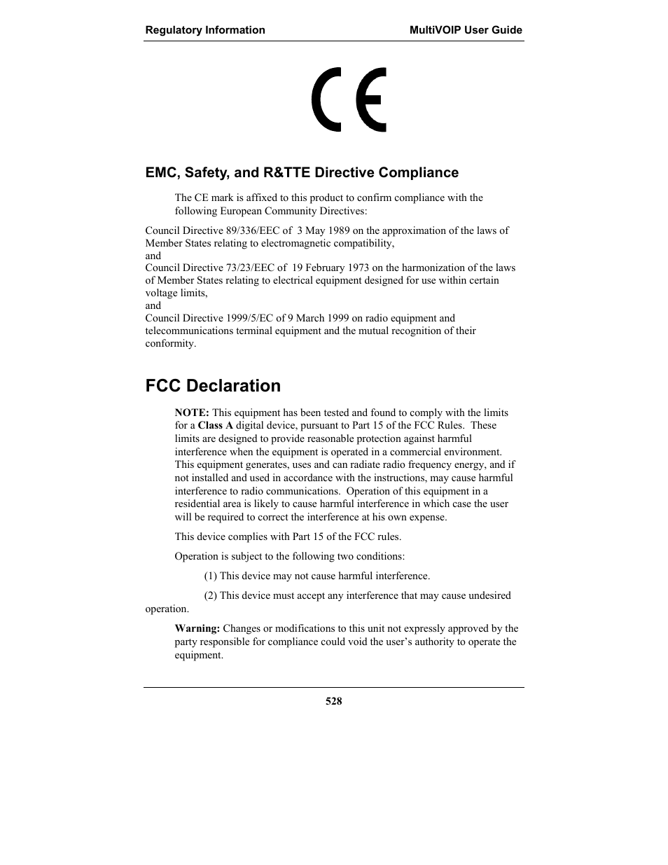 Emc, safety, and r&tte directive compliance, Fcc declaration, Fcc d | Eclaration | Multi-Tech Systems MULTIVOIP MVP-2410 User Manual | Page 528 / 605