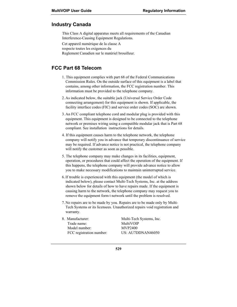 Industry canada, Fcc part 68 telecom | Multi-Tech Systems MULTIVOIP MVP-2410 User Manual | Page 529 / 605
