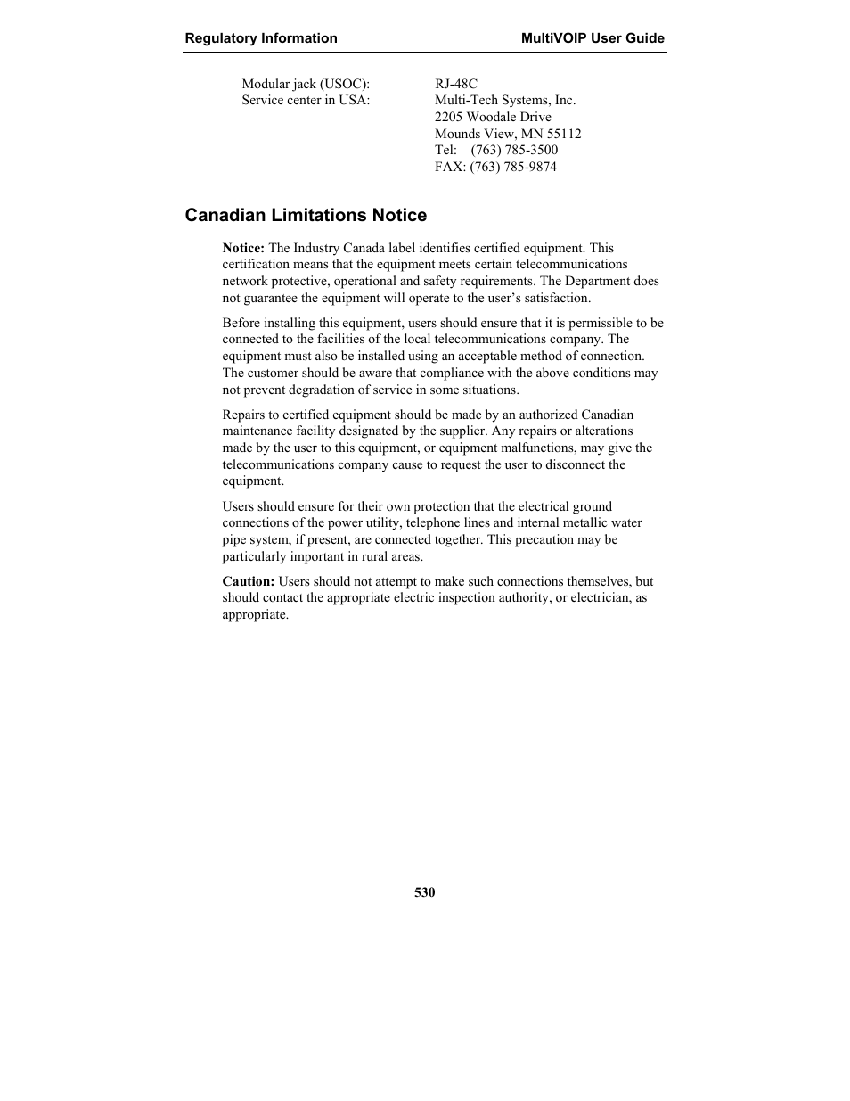 Canadian limitations notice | Multi-Tech Systems MULTIVOIP MVP-2410 User Manual | Page 530 / 605