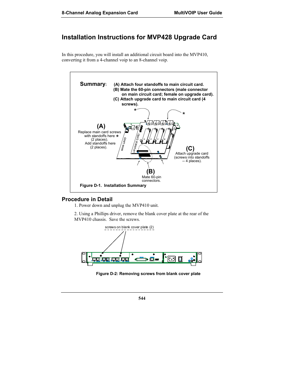 Installation instructions for mvp428 upgrade card, Nstallation, Nstructions for | Mvp428 u, Pgrade | Multi-Tech Systems MULTIVOIP MVP-2410 User Manual | Page 544 / 605