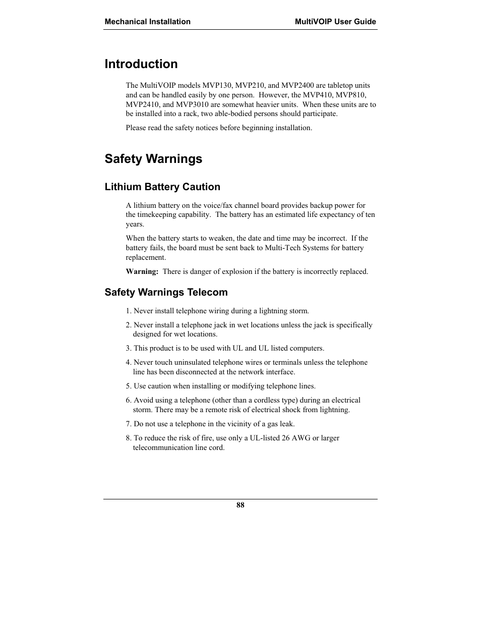Introduction, Safety warnings, Lithium battery caution | Safety warnings telecom, Ntroduction, Afety, Arnings, Lithium battery caution safety warnings telecom | Multi-Tech Systems MULTIVOIP MVP-2410 User Manual | Page 88 / 605