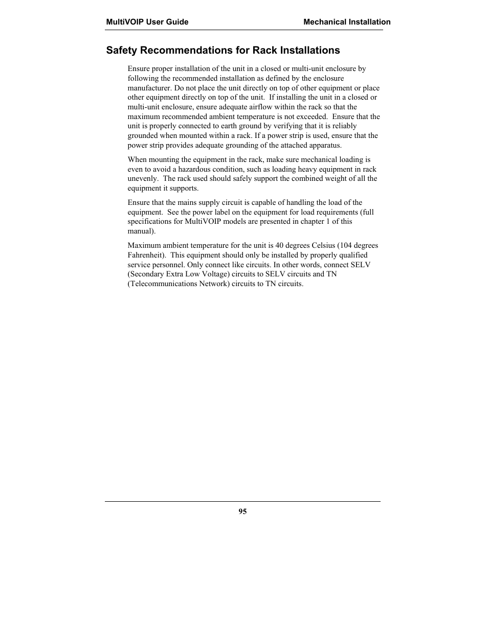 Safety recommendations for rack installations | Multi-Tech Systems MULTIVOIP MVP-2410 User Manual | Page 95 / 605