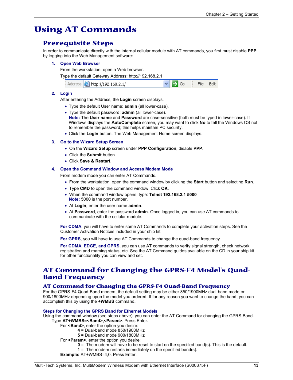 Prerequisite steps, Using at commands | Multi-Tech Systems MULTIMODEM MTCBA-C-EN-NX User Manual | Page 13 / 58