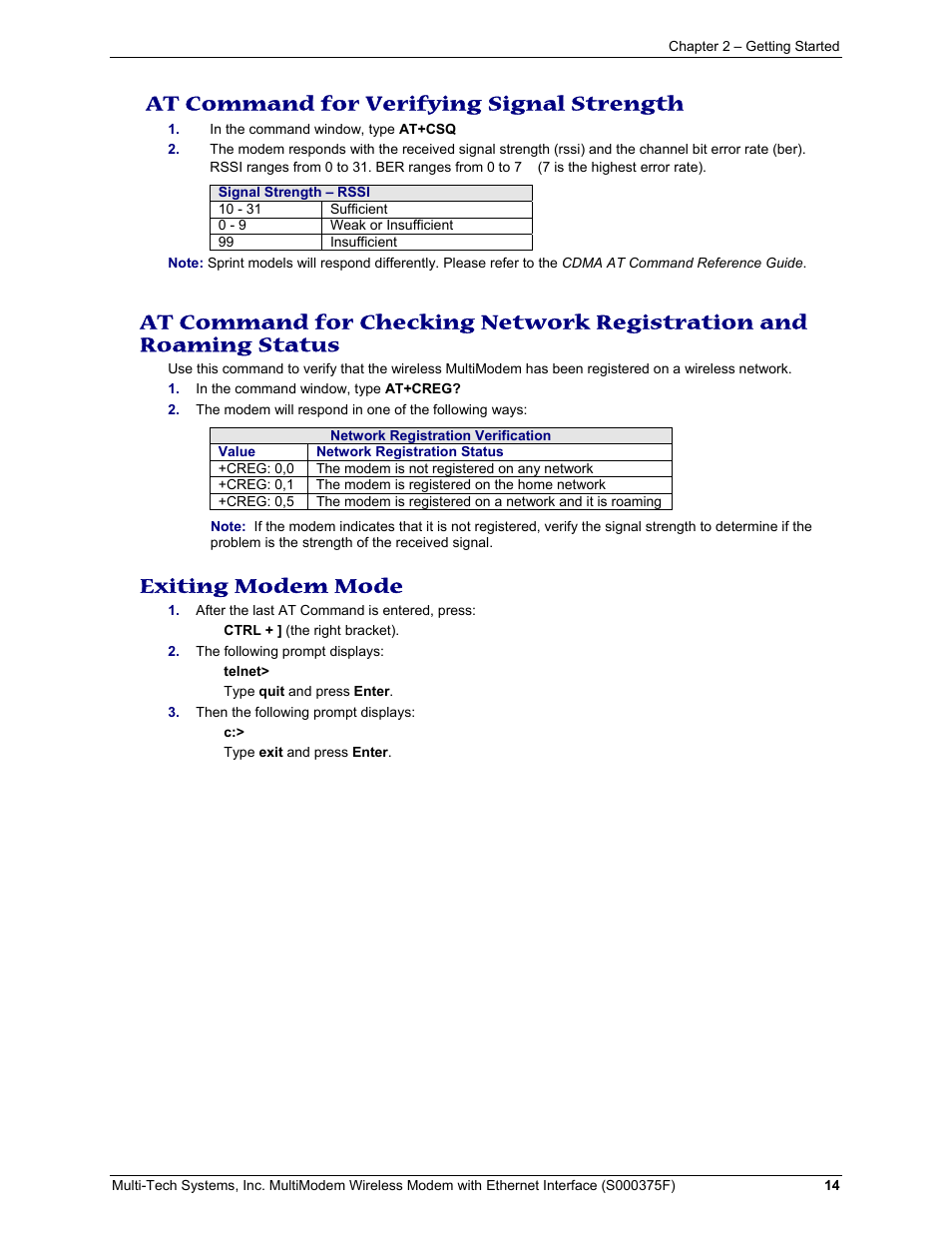 At command for verifying signal strength, Exiting modem mode | Multi-Tech Systems MULTIMODEM MTCBA-C-EN-NX User Manual | Page 14 / 58