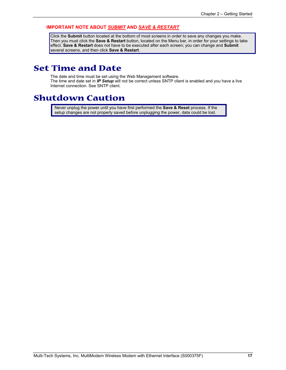 Set time and date, Shutdown caution | Multi-Tech Systems MULTIMODEM MTCBA-C-EN-NX User Manual | Page 17 / 58