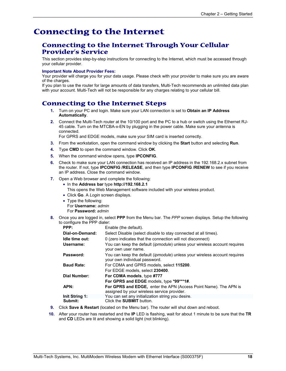 Connecting to the internet steps, Connecting to the internet | Multi-Tech Systems MULTIMODEM MTCBA-C-EN-NX User Manual | Page 18 / 58