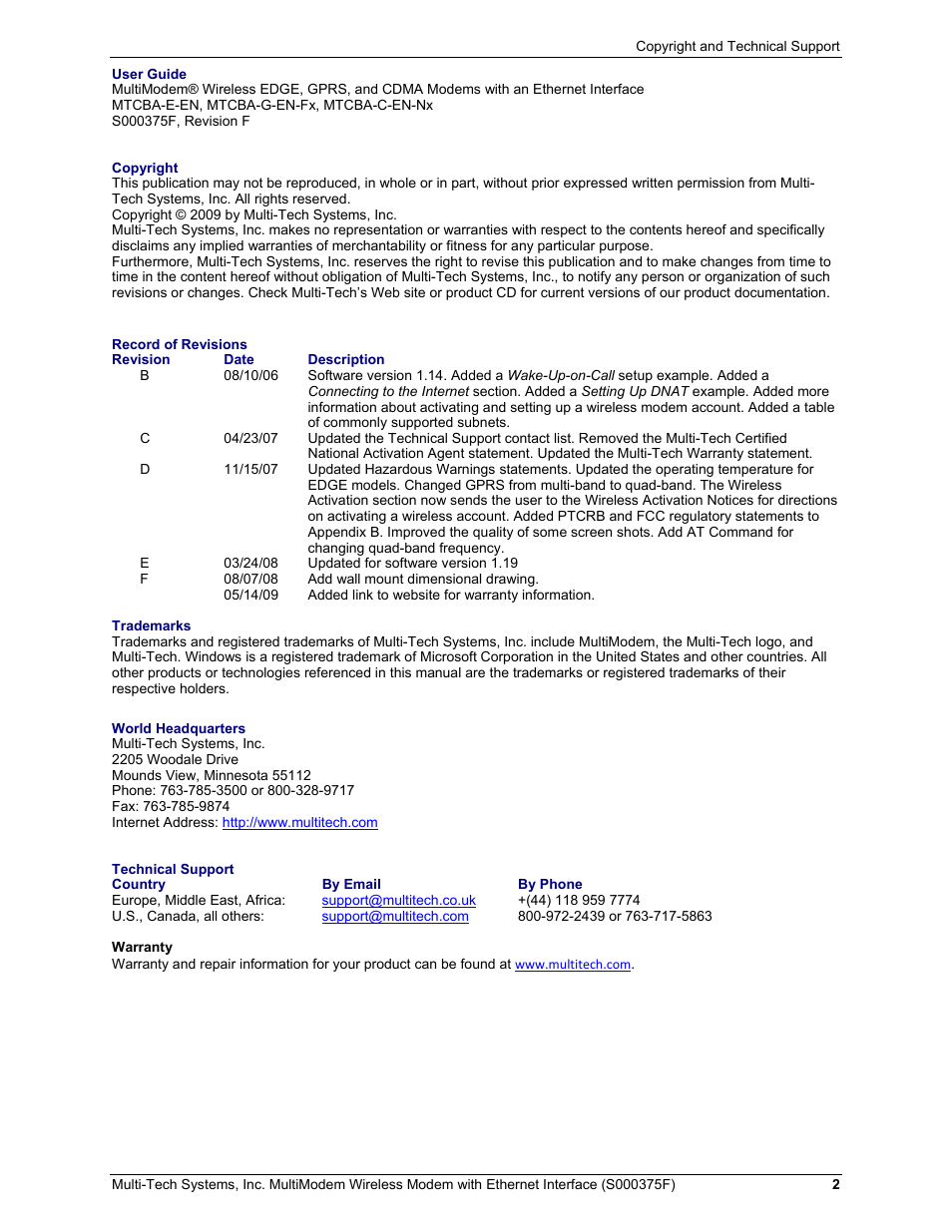 Multi-Tech Systems MULTIMODEM MTCBA-C-EN-NX User Manual | Page 2 / 58