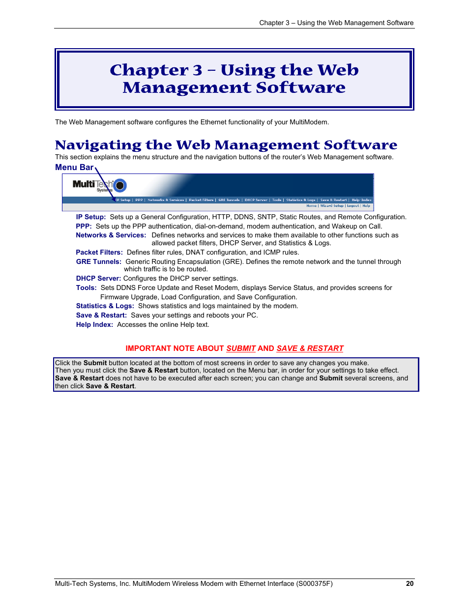 Chapter 3 – using the web management software, Navigating the web management software | Multi-Tech Systems MULTIMODEM MTCBA-C-EN-NX User Manual | Page 20 / 58