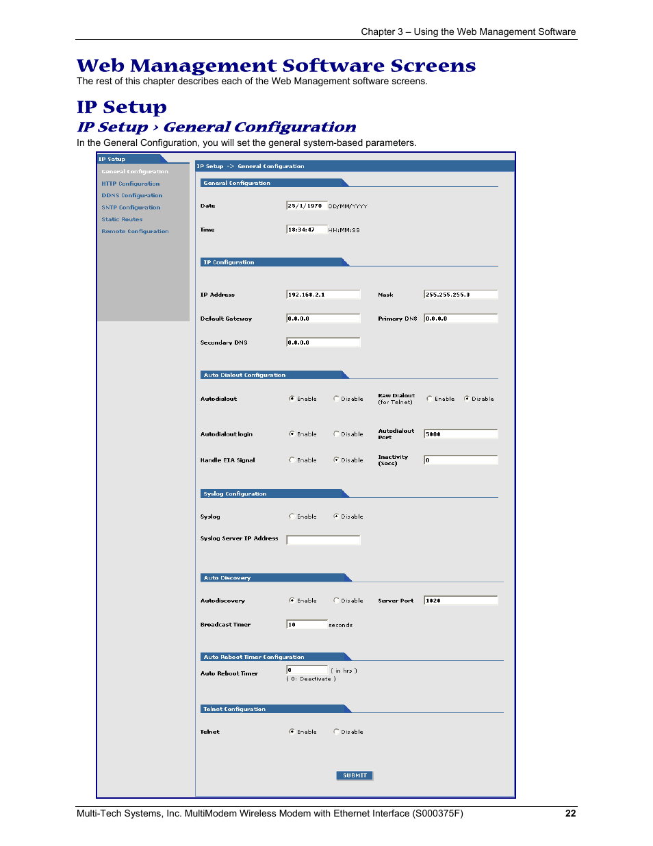 Ip setup > general configuration, Web management software screens, Ip setup | Multi-Tech Systems MULTIMODEM MTCBA-C-EN-NX User Manual | Page 22 / 58