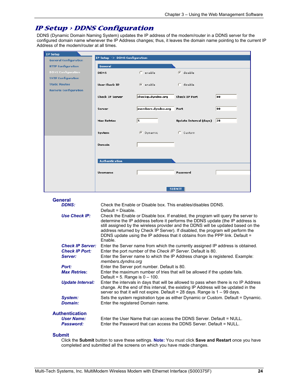 Ip setup > ddns configuration | Multi-Tech Systems MULTIMODEM MTCBA-C-EN-NX User Manual | Page 24 / 58
