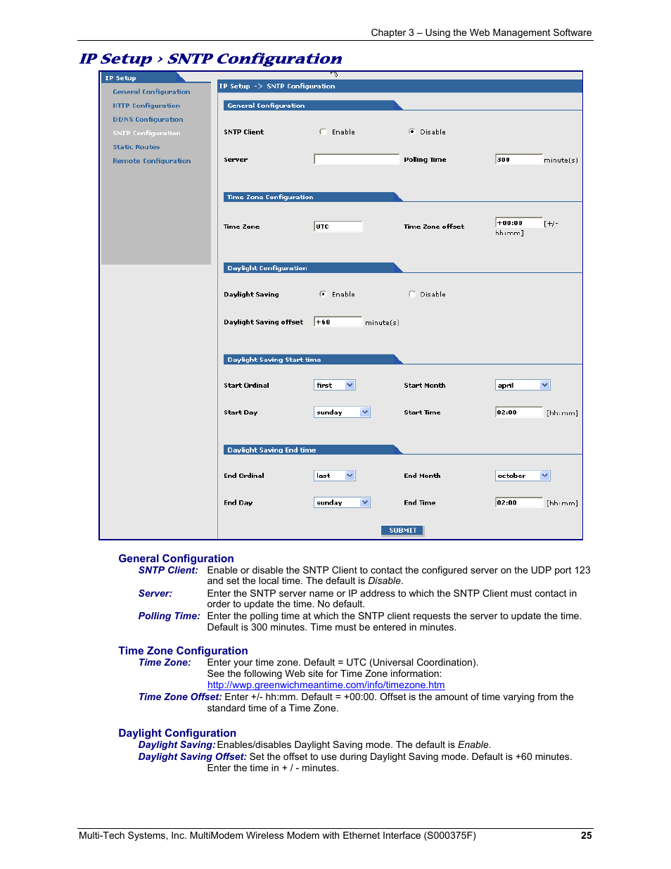 Ip setup > sntp configuration | Multi-Tech Systems MULTIMODEM MTCBA-C-EN-NX User Manual | Page 25 / 58