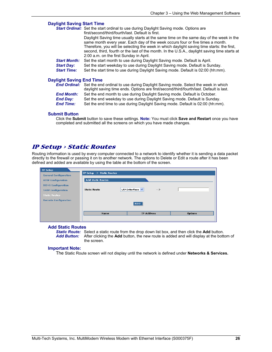 Ip setup > static routes | Multi-Tech Systems MULTIMODEM MTCBA-C-EN-NX User Manual | Page 26 / 58