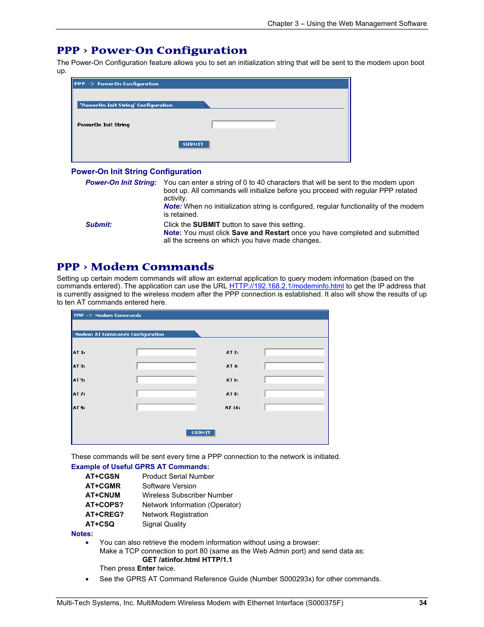 Ppp > power-on configuration, Ppp > modem commands | Multi-Tech Systems MULTIMODEM MTCBA-C-EN-NX User Manual | Page 34 / 58
