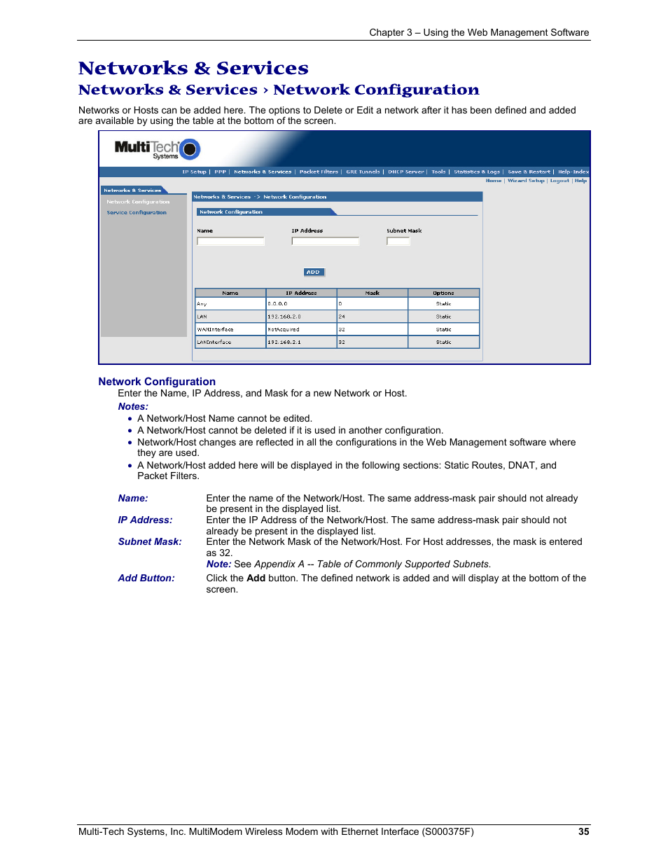 Networks & services > network configuration, Networks & services | Multi-Tech Systems MULTIMODEM MTCBA-C-EN-NX User Manual | Page 35 / 58