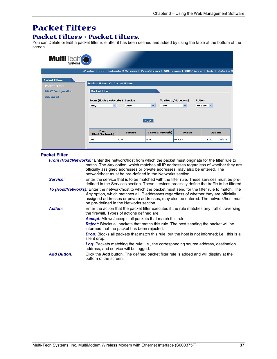 Packet filters > packet filters, Packet filters | Multi-Tech Systems MULTIMODEM MTCBA-C-EN-NX User Manual | Page 37 / 58